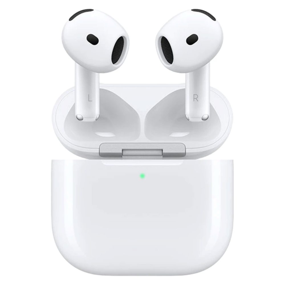 هدفون بلوتوثی اپل مدل AirPods 4 دارای نویز کنسلینگ، درگاه شارژ USB-Type-C و شارژ بی سیم، با قابلیت اتصال به چند دستگاه، پشتیبانی از فرمان لمسی و دستیار صوتی، نشانگر LED، مقاوم در برابر پاشش آب و گرد و غبار